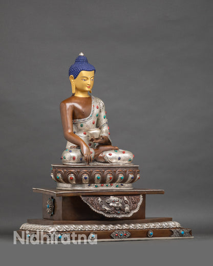 Side view of Shakyamuni Buddha Altar Statue Set on lotus throne, Nepalese spiritual décor