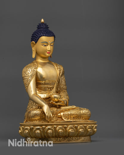 Side view of Shakyamuni Buddha Sculpture holding patra bowl in lotus seat
