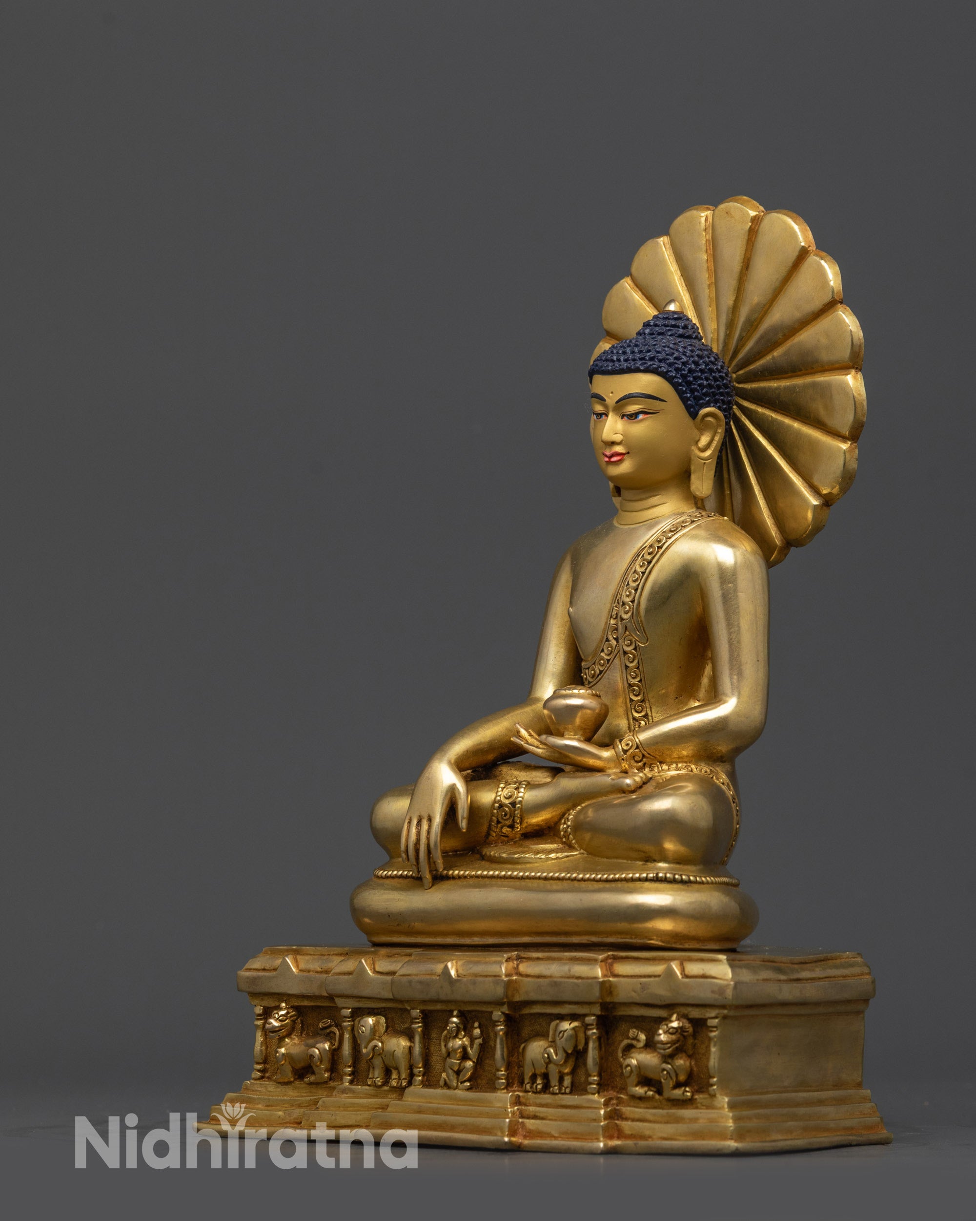 Side view of Shakyamuni Buddha Sculpture showing bhumisparsha and dhyana mudras