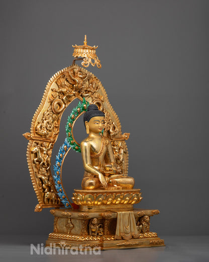 Side view of Shakyamuni Buddha Statue highlighting detailed lotus seat