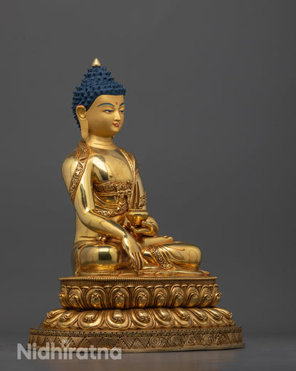 Side view of Shakyamuni Buddha Statue showing traditional monk robe, double lotus pedestal