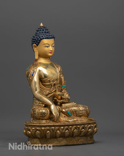 Side view of Shakyamuni Buddha holding alms bowl in Earth-touching gesture