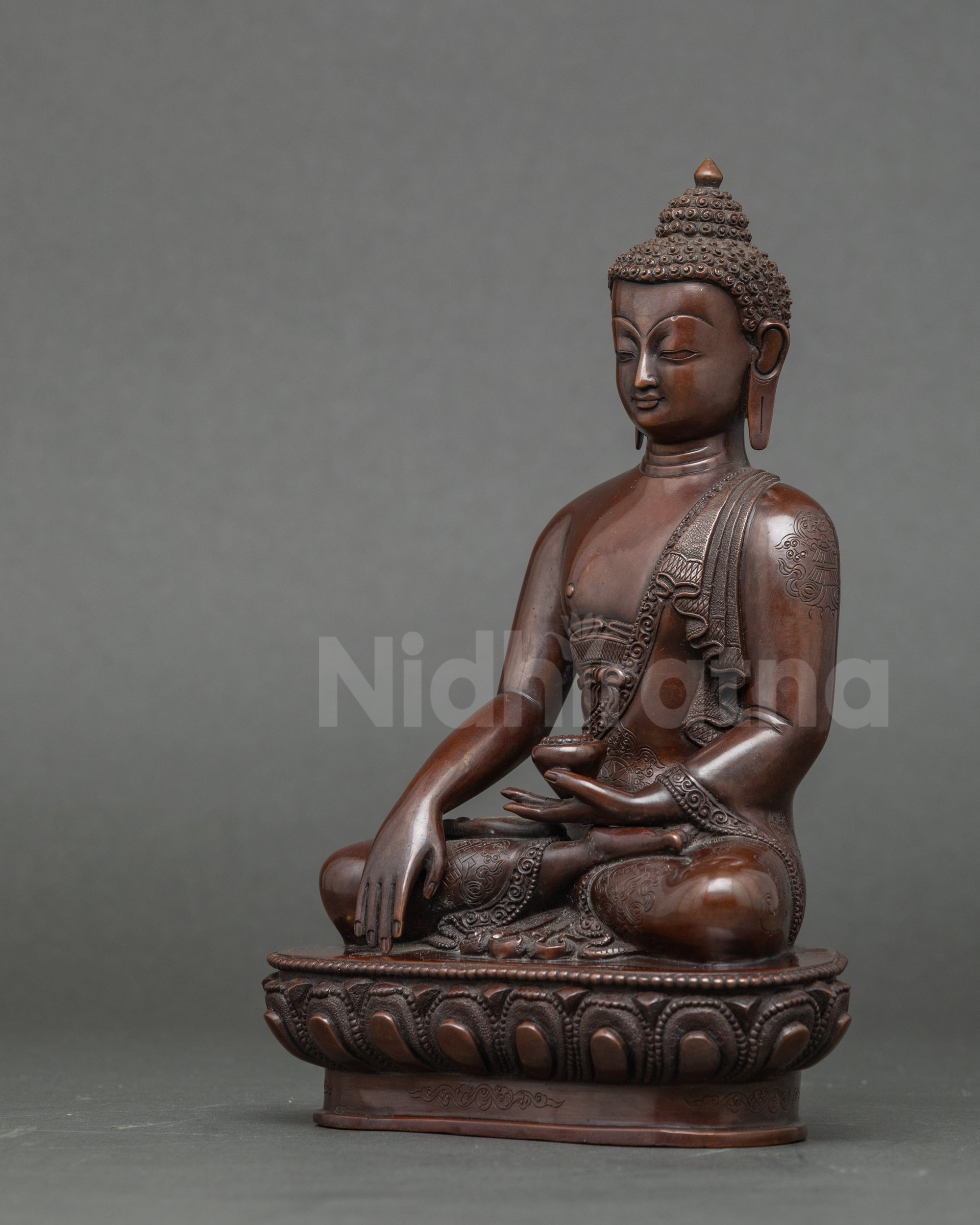 Side view of Shakyamuni Buddha sculpture for meditation and spiritual devotion