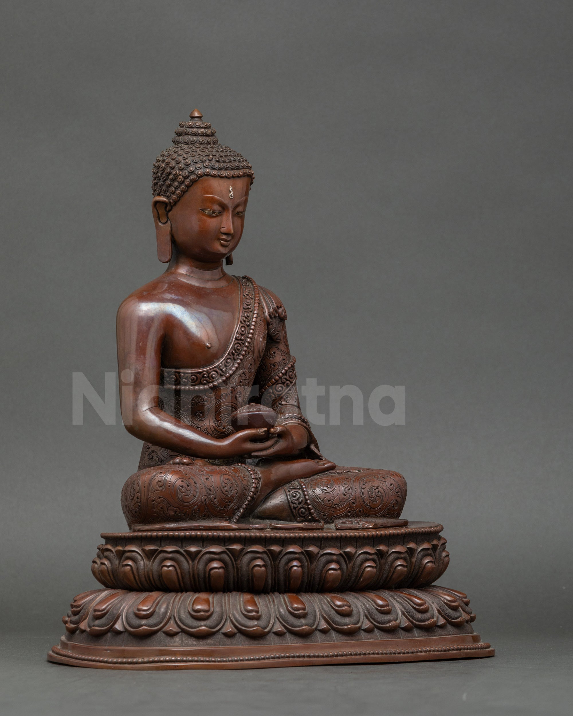 Side view of Shakyamuni Buddha statue, handcrafted Patan Nepal meditation sculpture