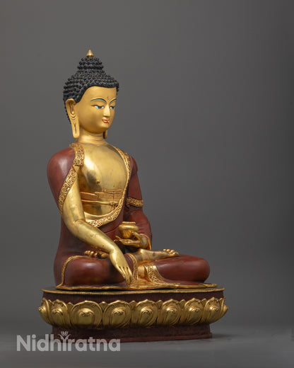 Side view of Shakyamuni Buddha statue showing intricate details