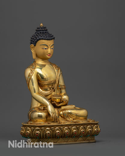 Side view of Shakyamuni Buddha statue showing intricate robes and lotus pedestal
