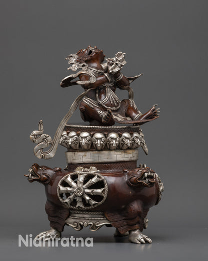 Side view of Silver-Plated Oxidized Vajradhaka Statue on three-sided base
