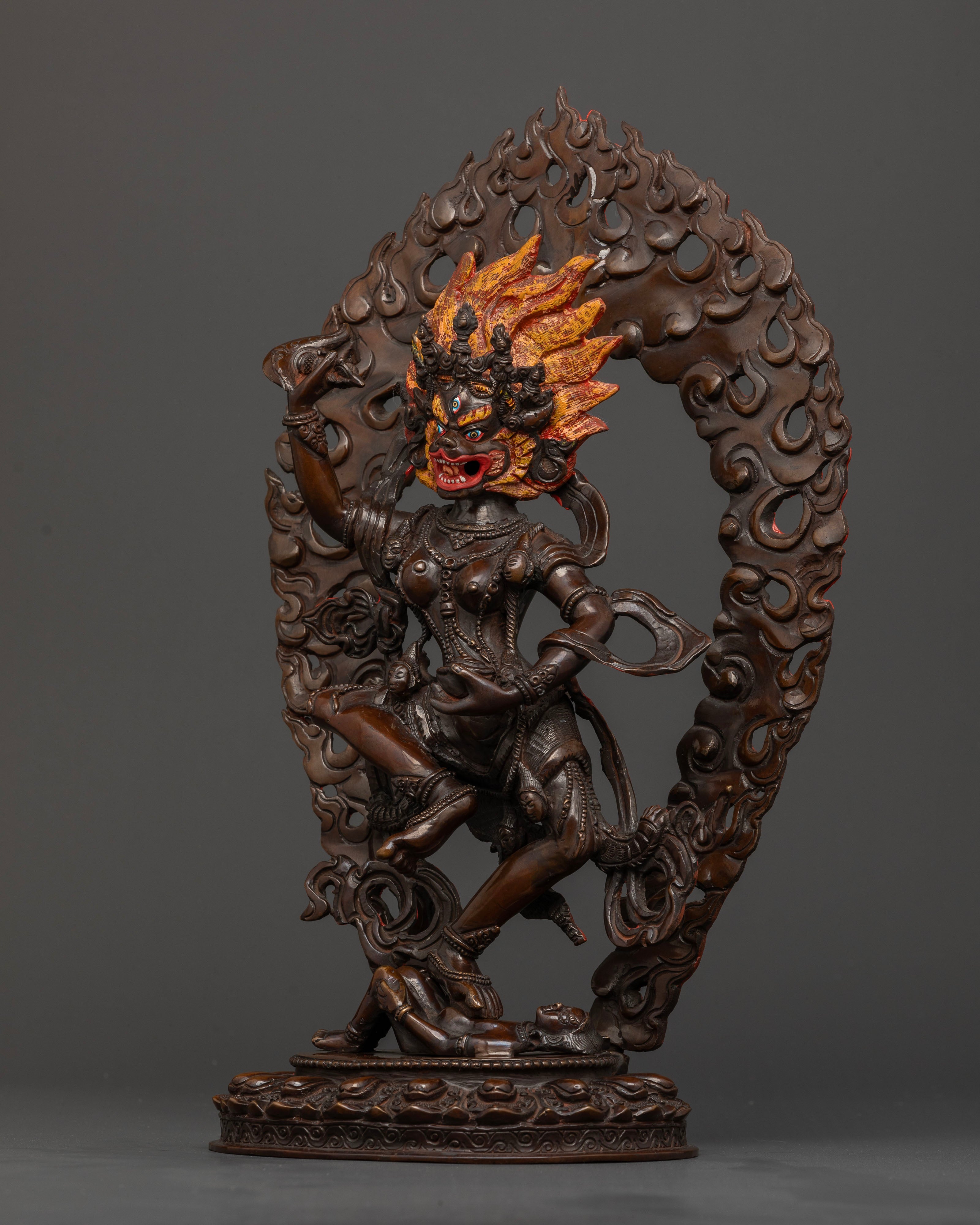 Side view of Simha Mukha lion-faced Dakini capturing dynamic and fearsome presence