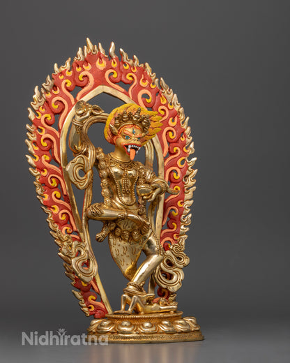 Side view of Simhamukha statue, crafted with fire halo and symbolic subdued figure