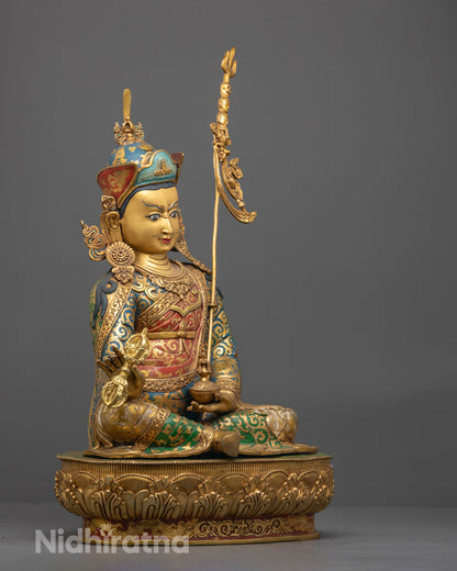 Side view of Spiritual Guru Rinpoche statue with consecration chamber, symbolizing transformation