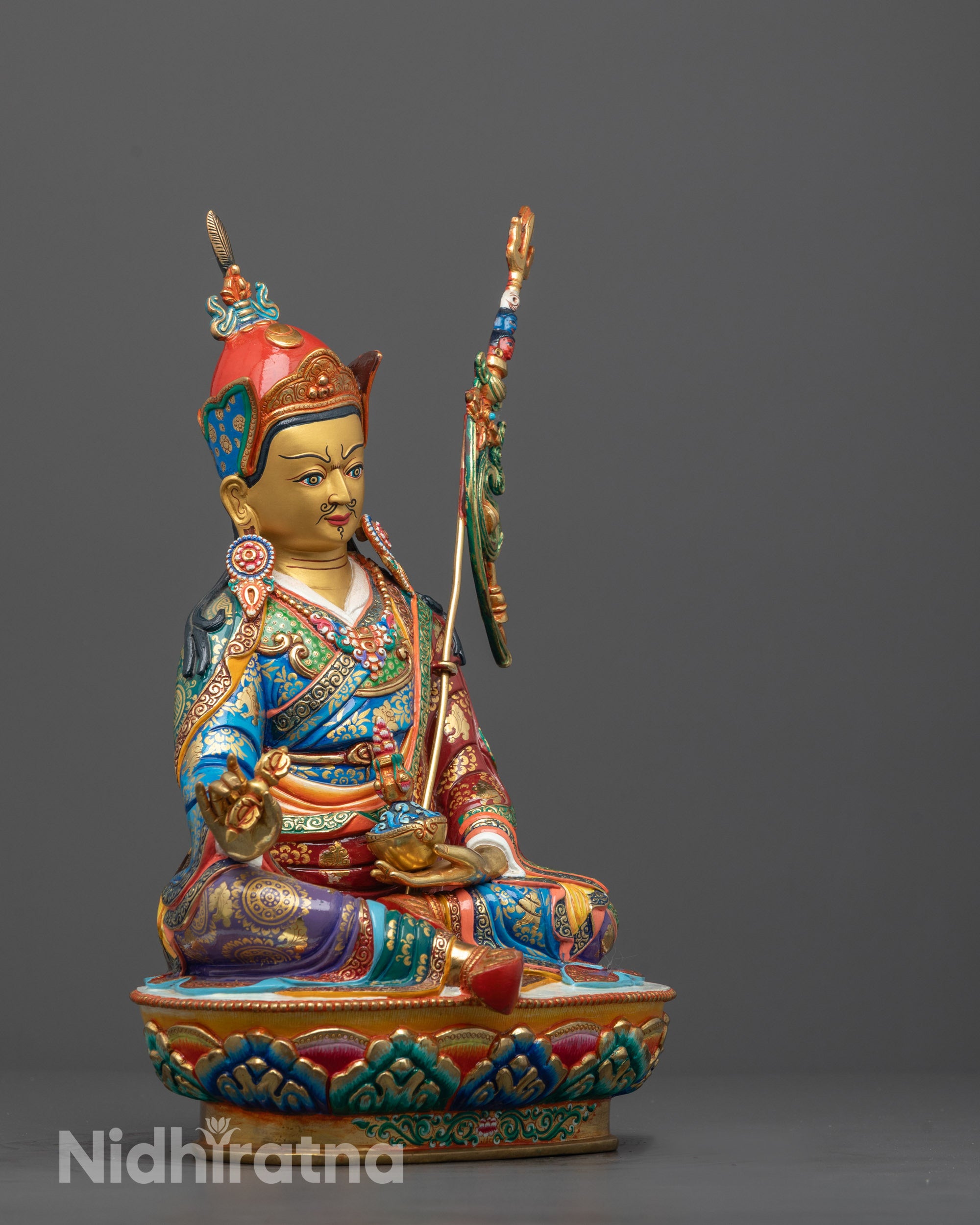 Side view of Spiritual Tibetan Guru Rinpoche Statue handcrafted using lost wax method