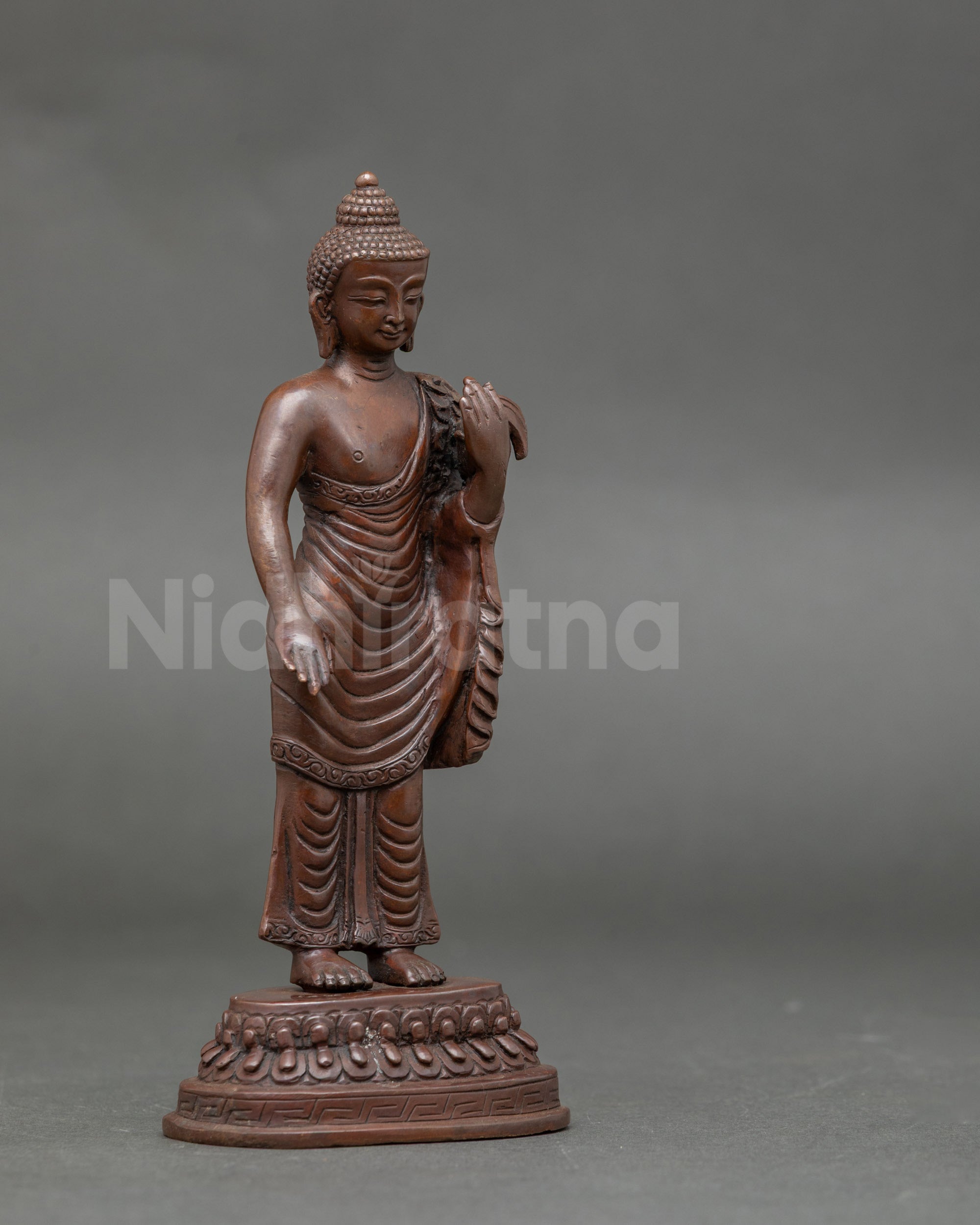 Side view of Standing Buddha Statue highlighting oxidized finish and intricate robe details