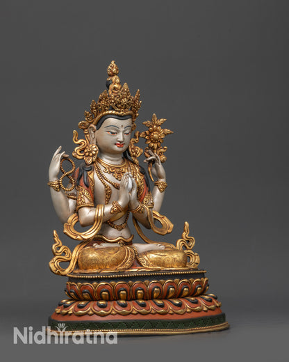 Side view of Tibetan Chenrezig Statue showing intricate patterned garments and posture