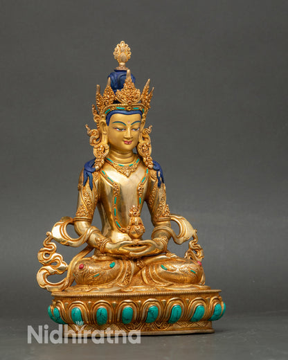 Side view of Tibetan Long Life Deity Amitayus seated on lotus throne, Nepalese art