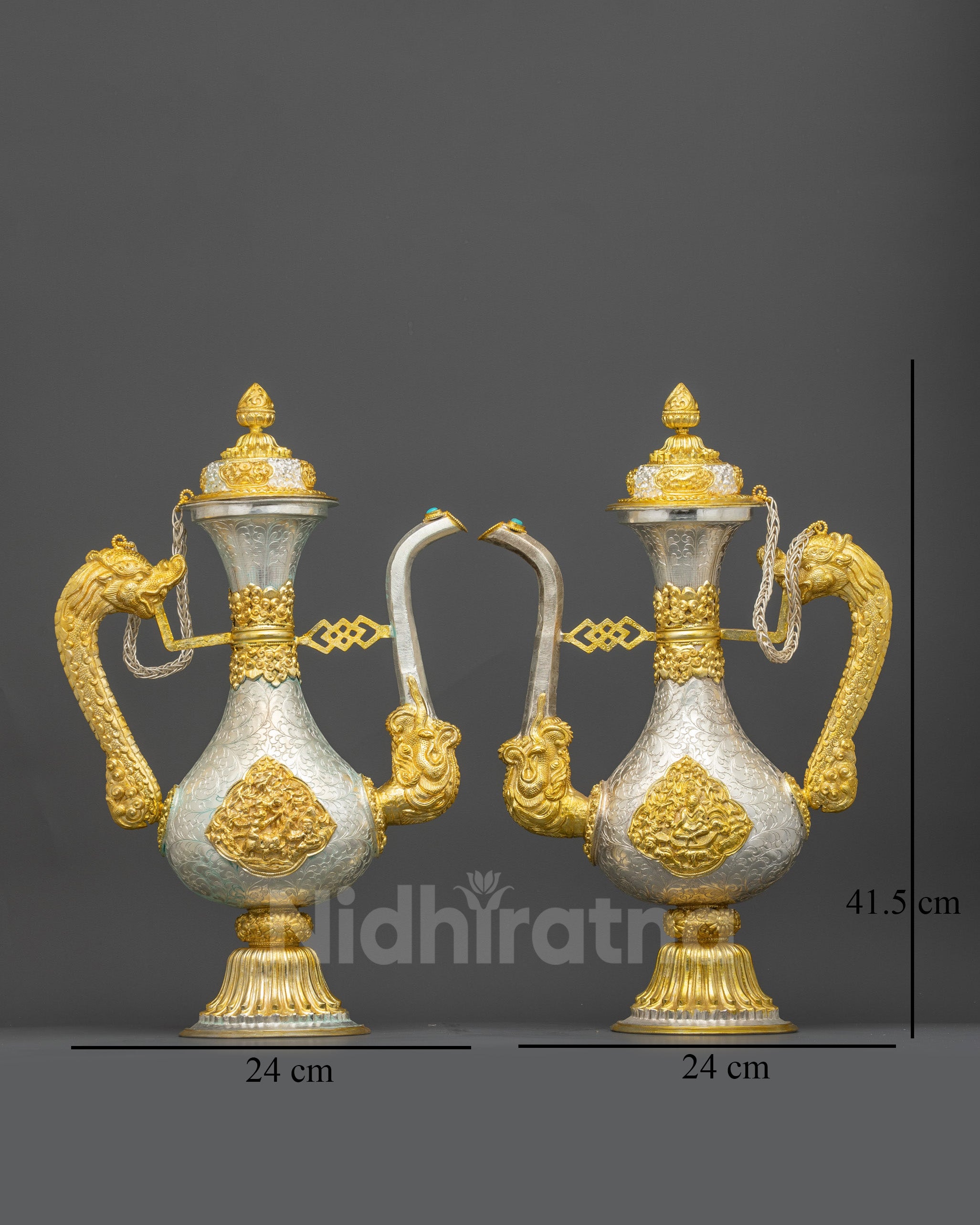 Side view of Tibetan Tea pot set showing curved vessels and ornate dragon handles