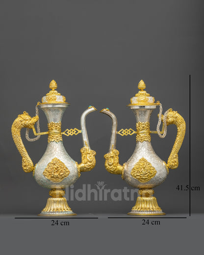 Side view of Tibetan Tea pot set showing curved vessels and ornate dragon handles