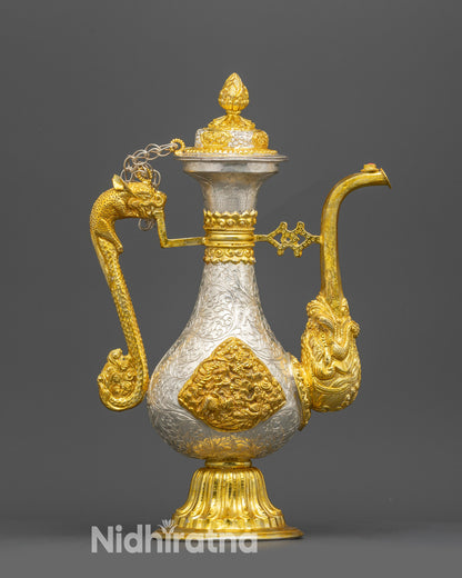 Side view of Tibetan Tea pot showing curved vessel and dragon handle