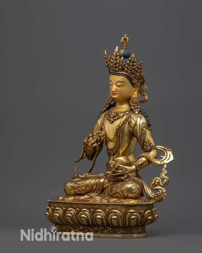 Side view of Tibetan Vajrasattva Statue highlighting flowing robe and intricately carved lower garment