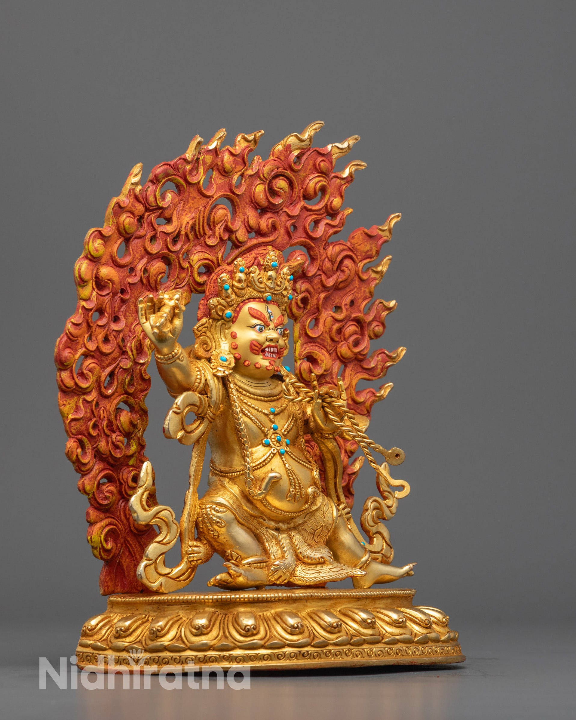 Side view of Traditional Nepalese Vajrapani Statue featuring radiant 24k fire gold gilding