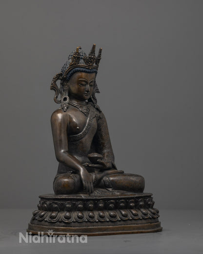 Side view of a Traditional Nepalese artisan-crafted Shakyamuni Buddha statue 