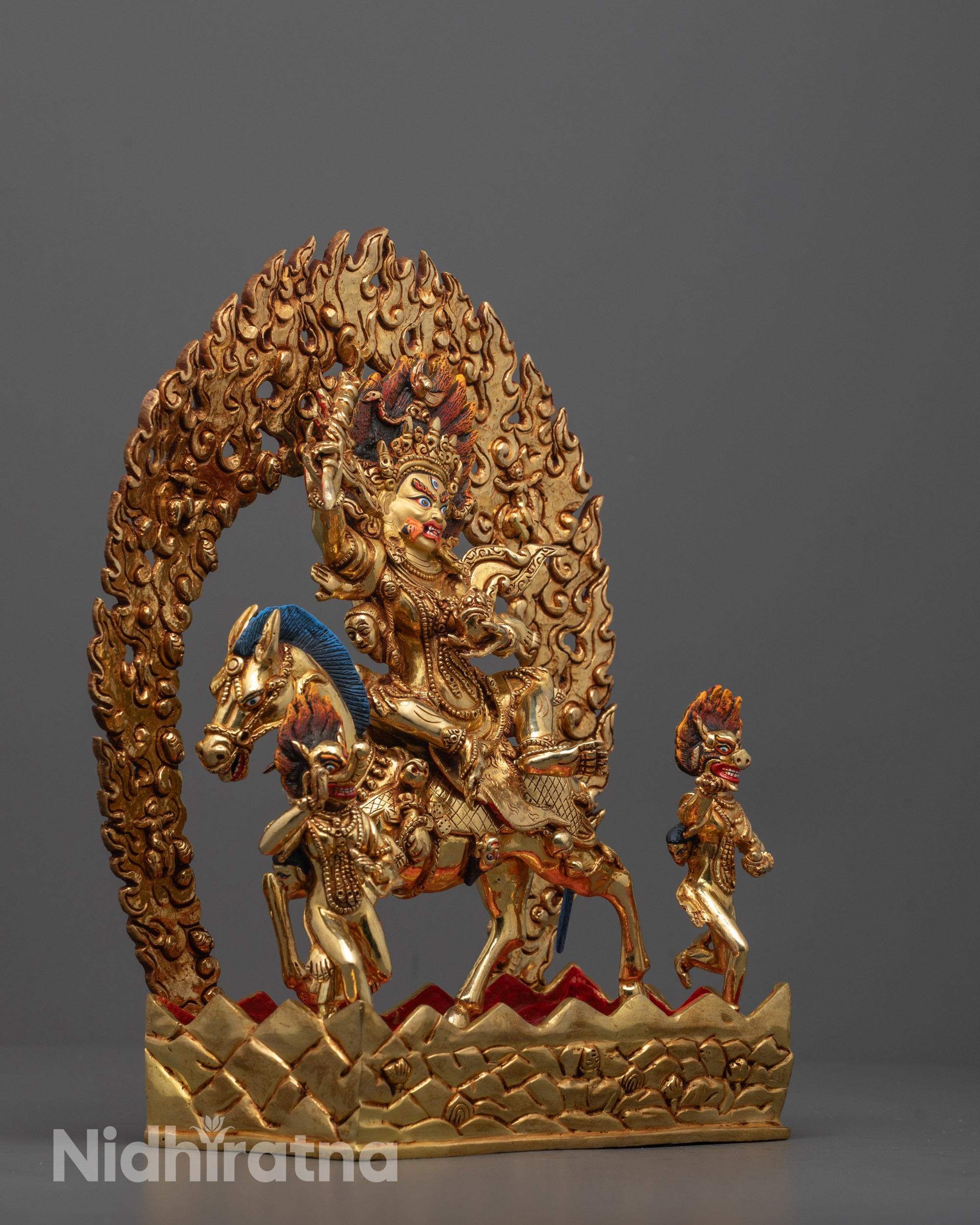 Side view of Traditional Tibetan Palden Lhamo Statue with gold-plated copper finish