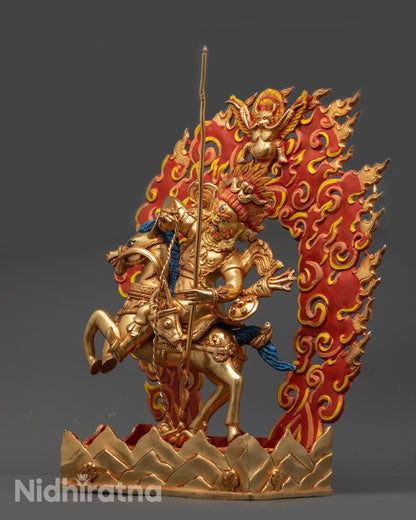 Side view of Tsengo Rolpa Chudan Statue riding horse with blazing halo and miniature Garuda