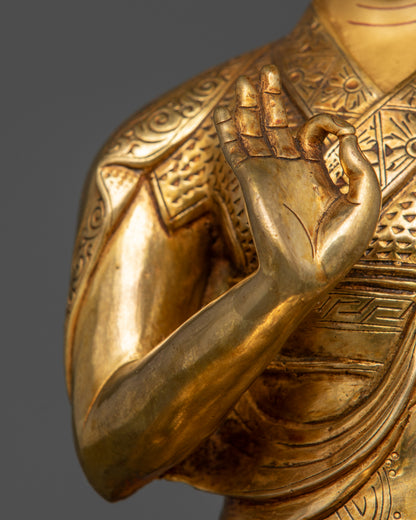 Side view of Tsongkhapa Triad statue highlighting meditative posture and delicate motifs