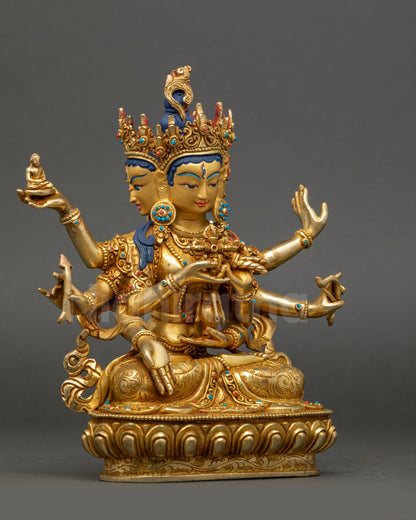 Side view of Ushnishavijaya statue, intricate Newari craftsmanship with lotus and vase