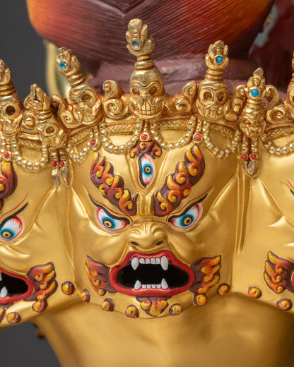 Side view of Vajrabhairava and Vajravetali Union with sixteen ritual arms on lotus seat