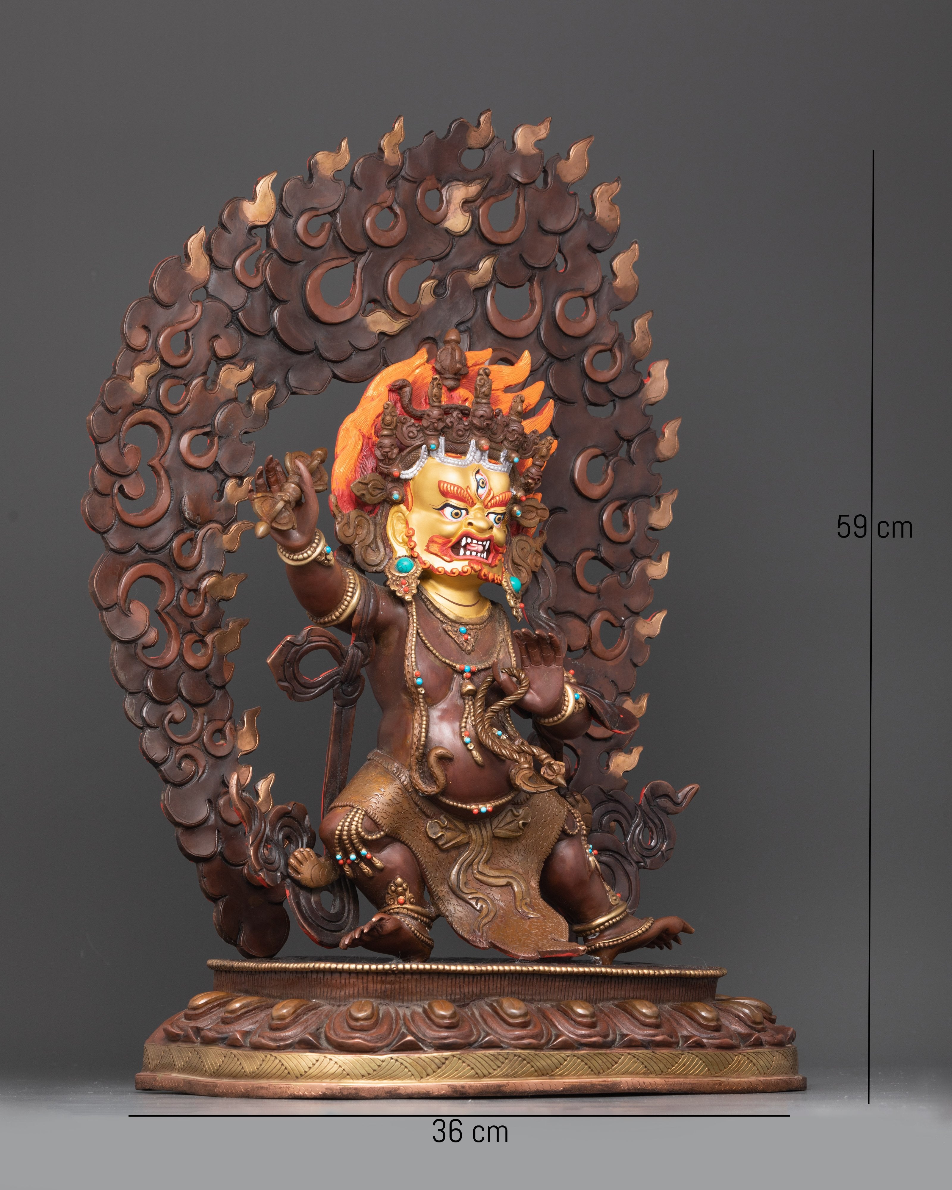 Side view of Vajrapani Statue with flames, ornate robes, and Himalayan craftsmanship