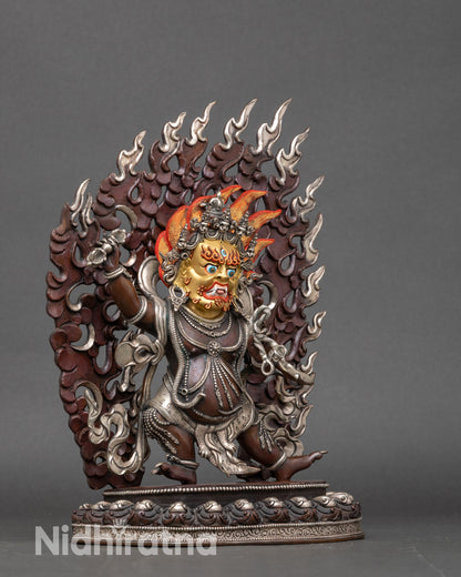 Side view of Vajrapani holding Dorje on lotus throne, Nepalese spiritual art