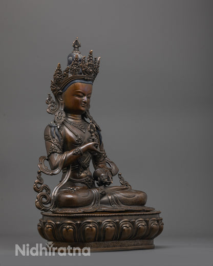 Side view of Vajrasattva Deity Copper Statue with Oxidized Finish
