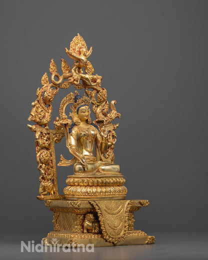 Side view of White Tara Sitting on Intricately Designed Lotus Throne with Twin Snow Lions