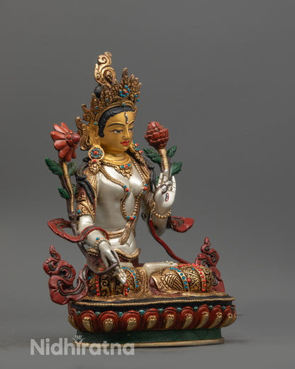 Side view of White Tara Statue – Hand-carved lotus seat