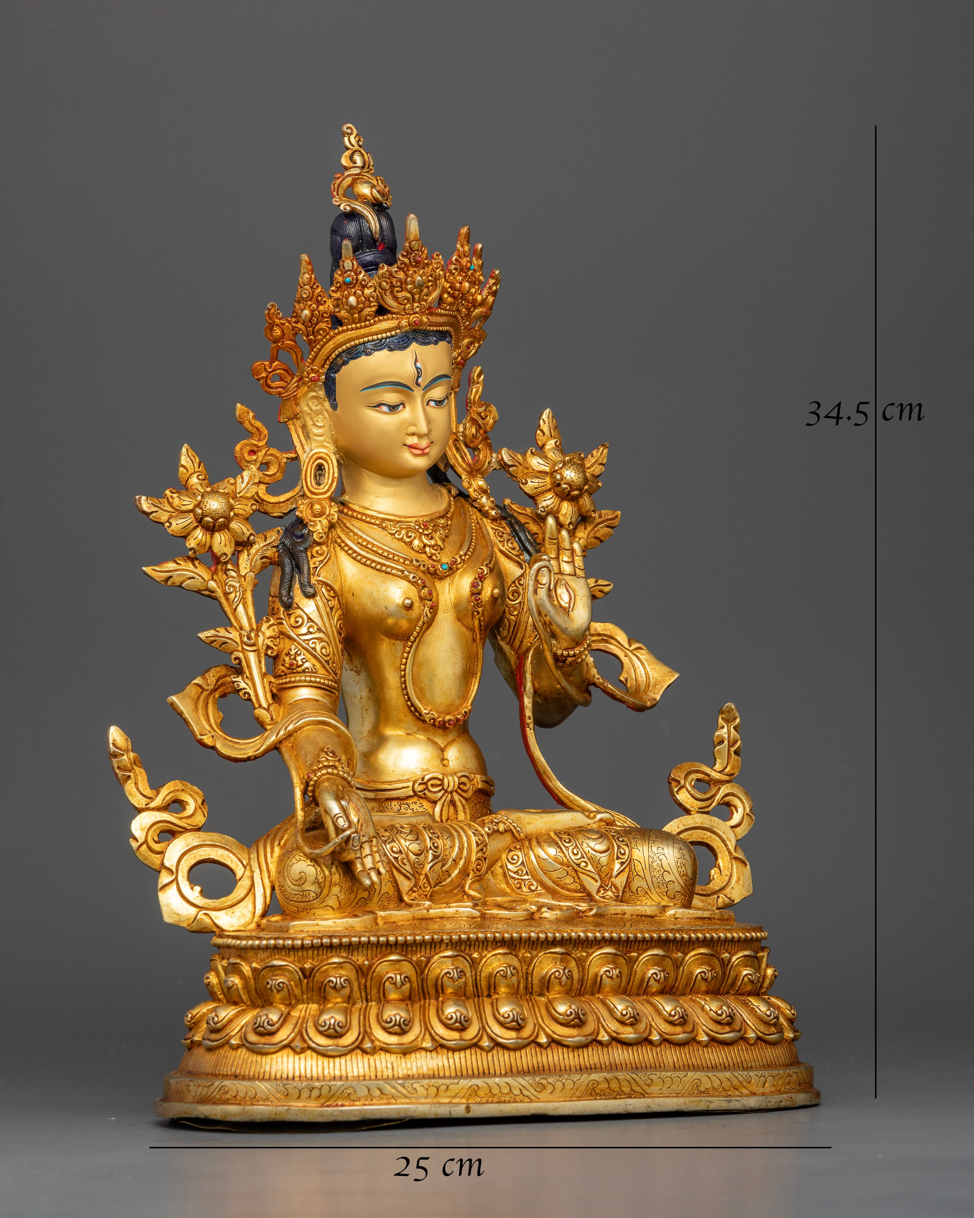 Side view of White Tara statue showing intricate lost-wax casting and divine presence