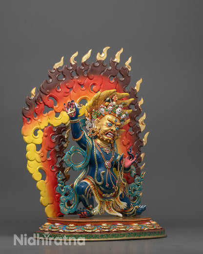 Side view of Wrathful Vajrapani Deity Sculpture Standing on Lotus Base with Vajra
