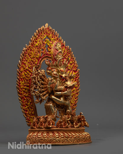 Side view of Yamantaka Yab-Yum with Vajravetali standing on lotus seat with sacred symbols