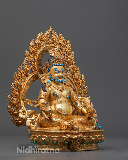 Side view of Yellow Dzambhala Sculpture adorned with semi-precious stones