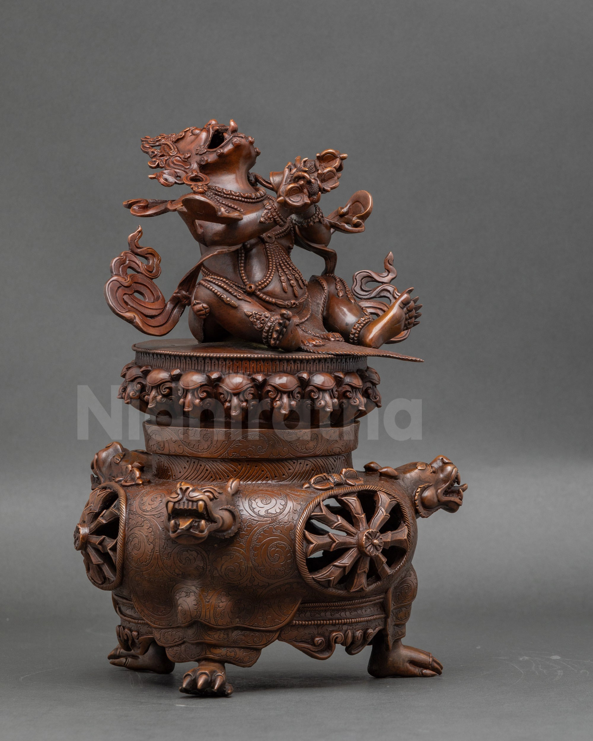 Side view of chemically oxidized Vajradhaka Statue, copper Tibetan Buddhist sculpture