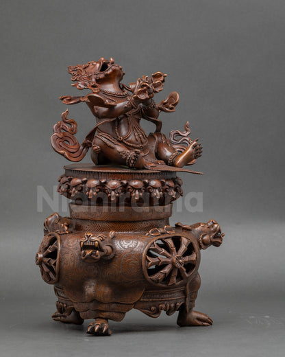 Side view of chemically oxidized Vajradhaka Statue, copper Tibetan Buddhist sculpture