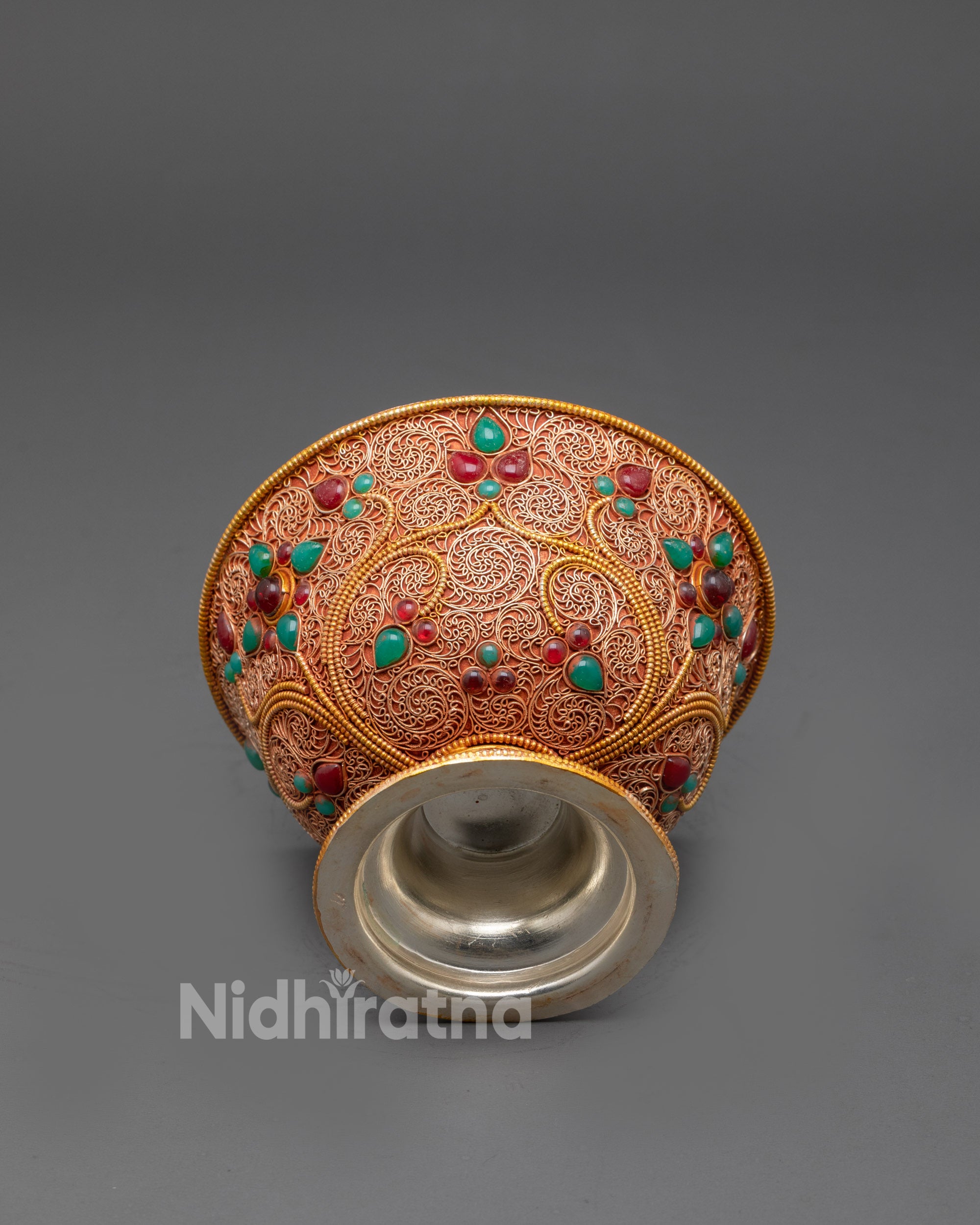 Side view of copper and gold-plated Tibetan Water Offering Bowl for altar use
