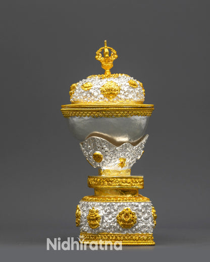 Side view of dual-section Kapala with gold-plated half vajra lid and sided base