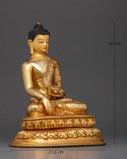 Side view of gold fire-gilded Sakyamuni Buddha statue for meditation and spiritual practice