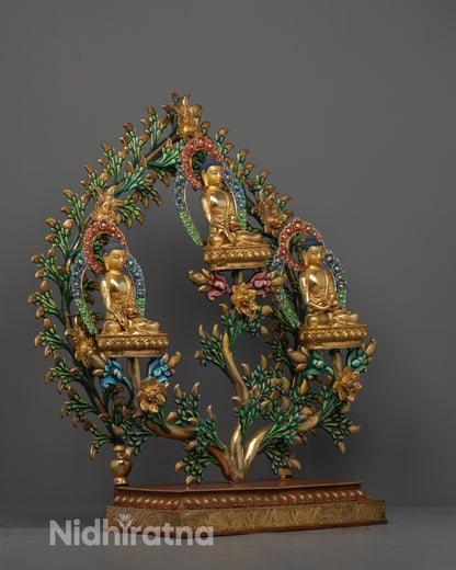 Side view of hand-carved Three Buddha Statue revealing the elegant Bodhi Tree structure