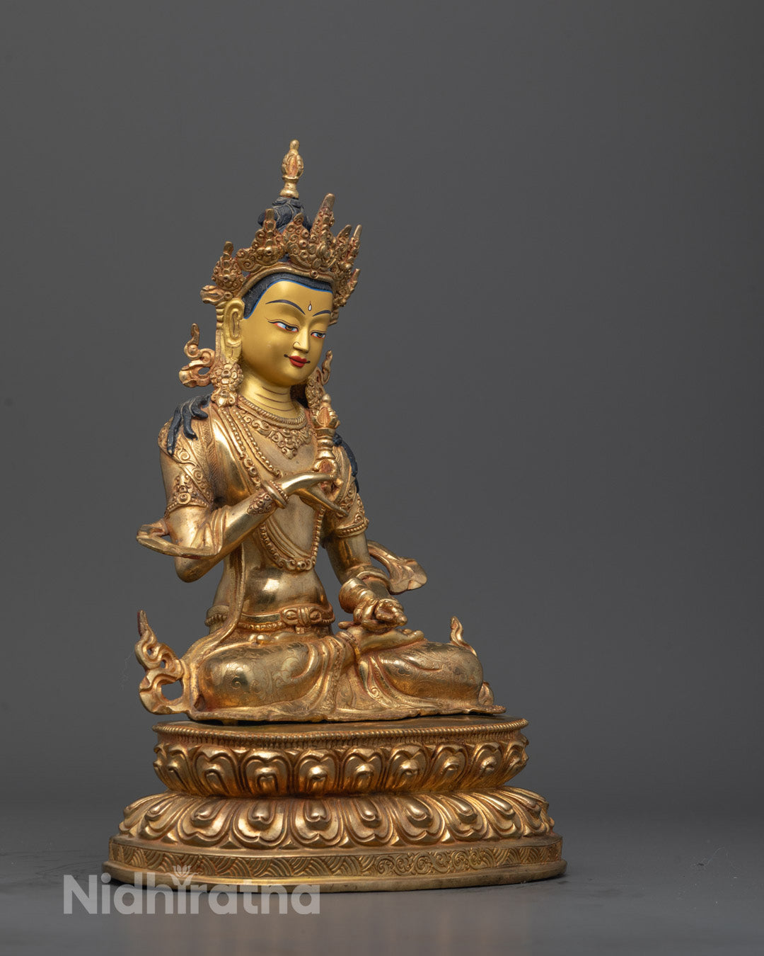 Side view of handcrafted Dorje Sempa Medicine Buddha statue