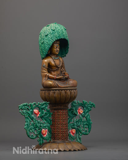 Side view of handcrafted Japanese Mitrugpa statue seated on lotus base holding vajra
