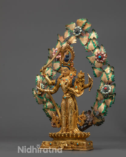 Side view of handcrafted Maha Manjushri statue on lotus seat with crown and robes