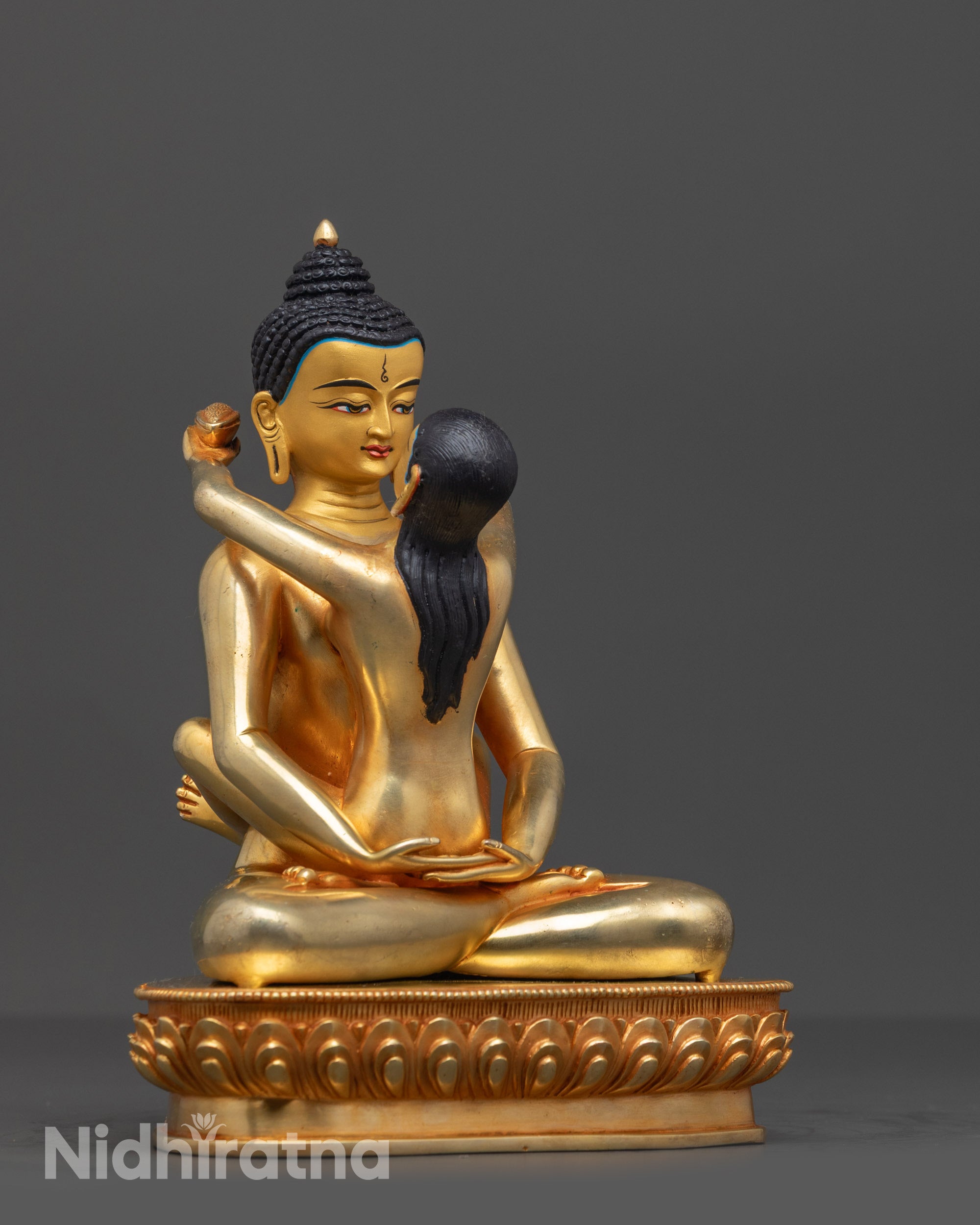 Side view of handcrafted Samantabhadra Yab-Yum Consort Sculpture on lotus seat