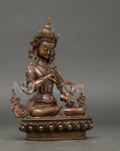 Side view of handcrafted Vajrasattva Dorje Sempa statue with lotus throne and ritual attributes