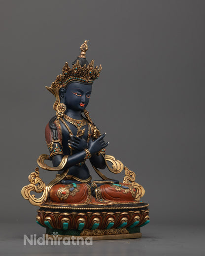 Side view of intricate Vajradhara statue, handcrafted in Nepal